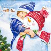 Салфетка для декупажа "Снеговик и девочка в синем" 33х33 см