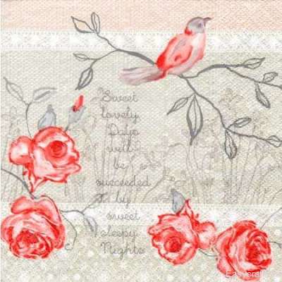 Салфетка для декупажа "Розы красные и птичка" 33х33 см