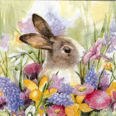 Салфетка для декупажа "Кролик в цветах" 33х33 см