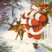 Салфетка для декупажа "Санта с мешком и оленями в лесу" 33х33 см
