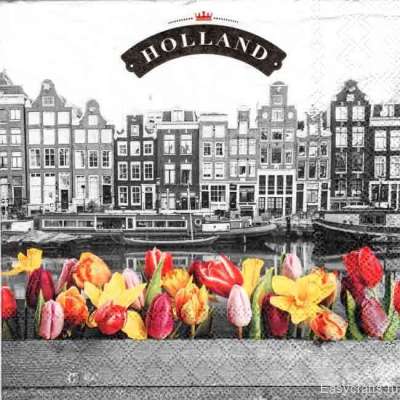 Салфетка для декупажа "Голландия, канал, тюльпаны" 33х33 см