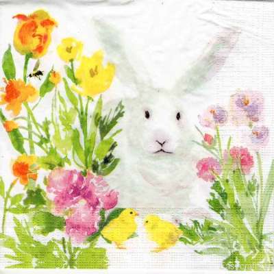 Салфетка для декупажа "Белый кролик в цветах 2" 33х33 см